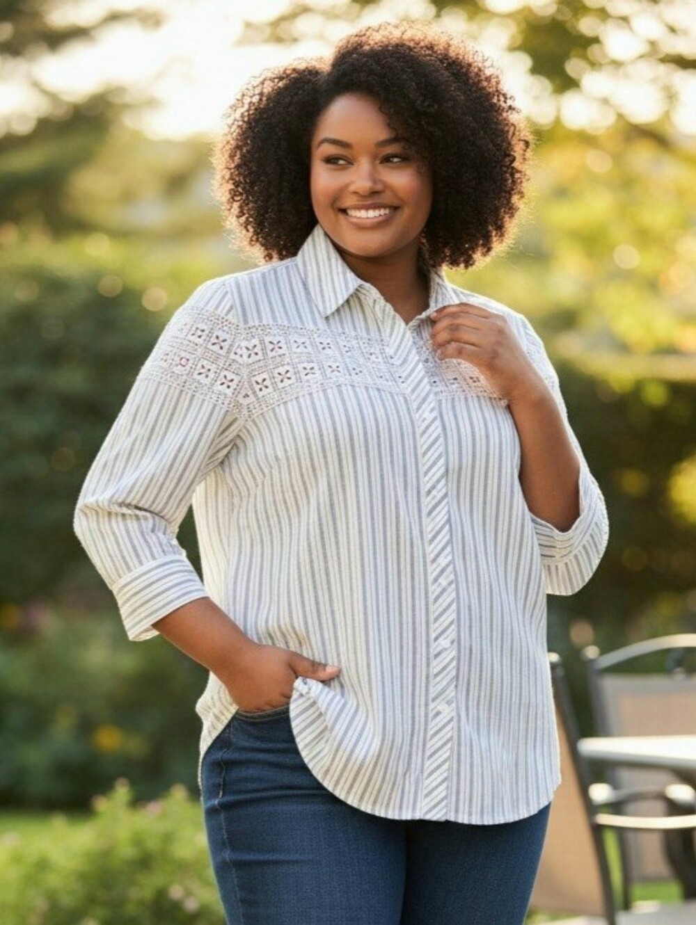 Karl Lagerfeld Light Gray Striped Crochet-Yoke Button Down Shirt